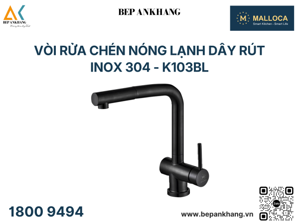 Vòi rửa chén Malloca nóng lạnh dây rút Inox 304 - K103BL